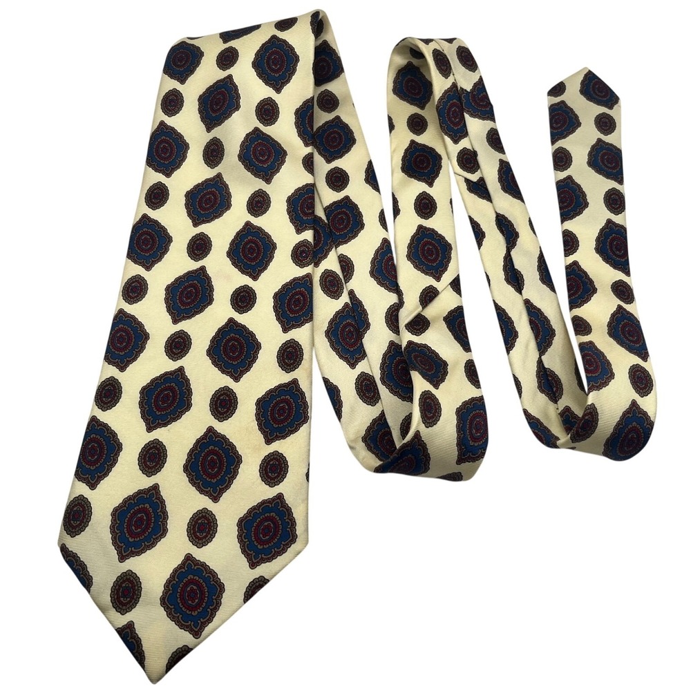Hardy Amies Savile Row London Silk Tie Cream Blue Burgundy Medallion Geometric